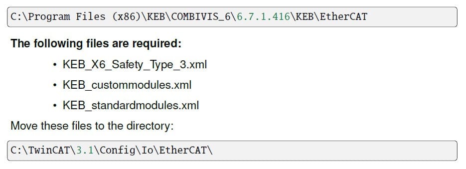 Beckhoff TwinCAT setup_Table 1_Add KEB files to EtherCAT directory