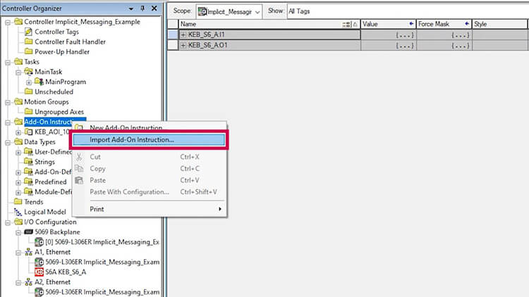 Third step to Implicit Messaging-Logix 5000_Importing Add-On Instructions for KEB drives