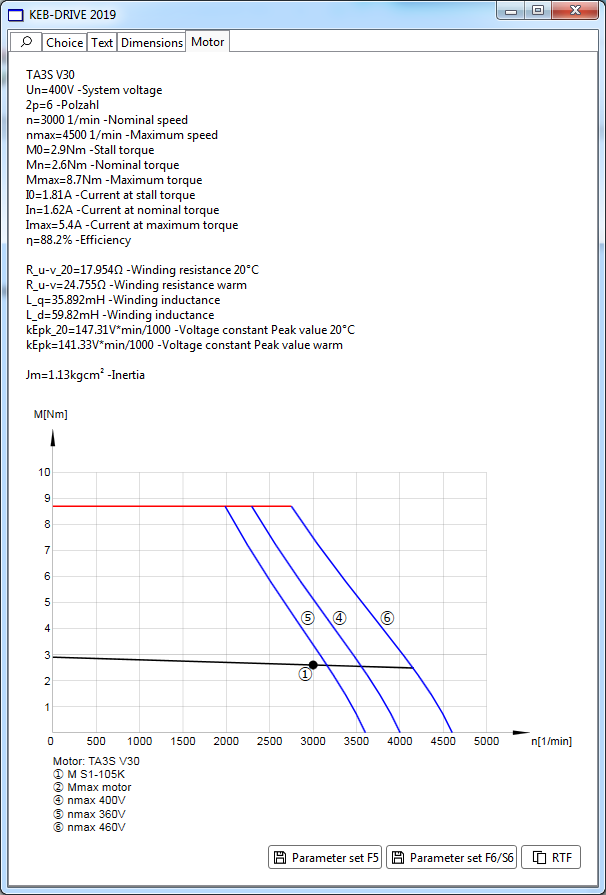 Software screenshot of KEB Drive for sizing servo motors