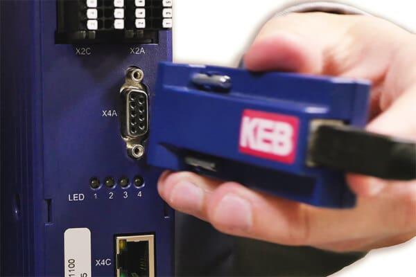 Close up of the X4A port on a KEB Drive to connect to Combivis 6 programming software
